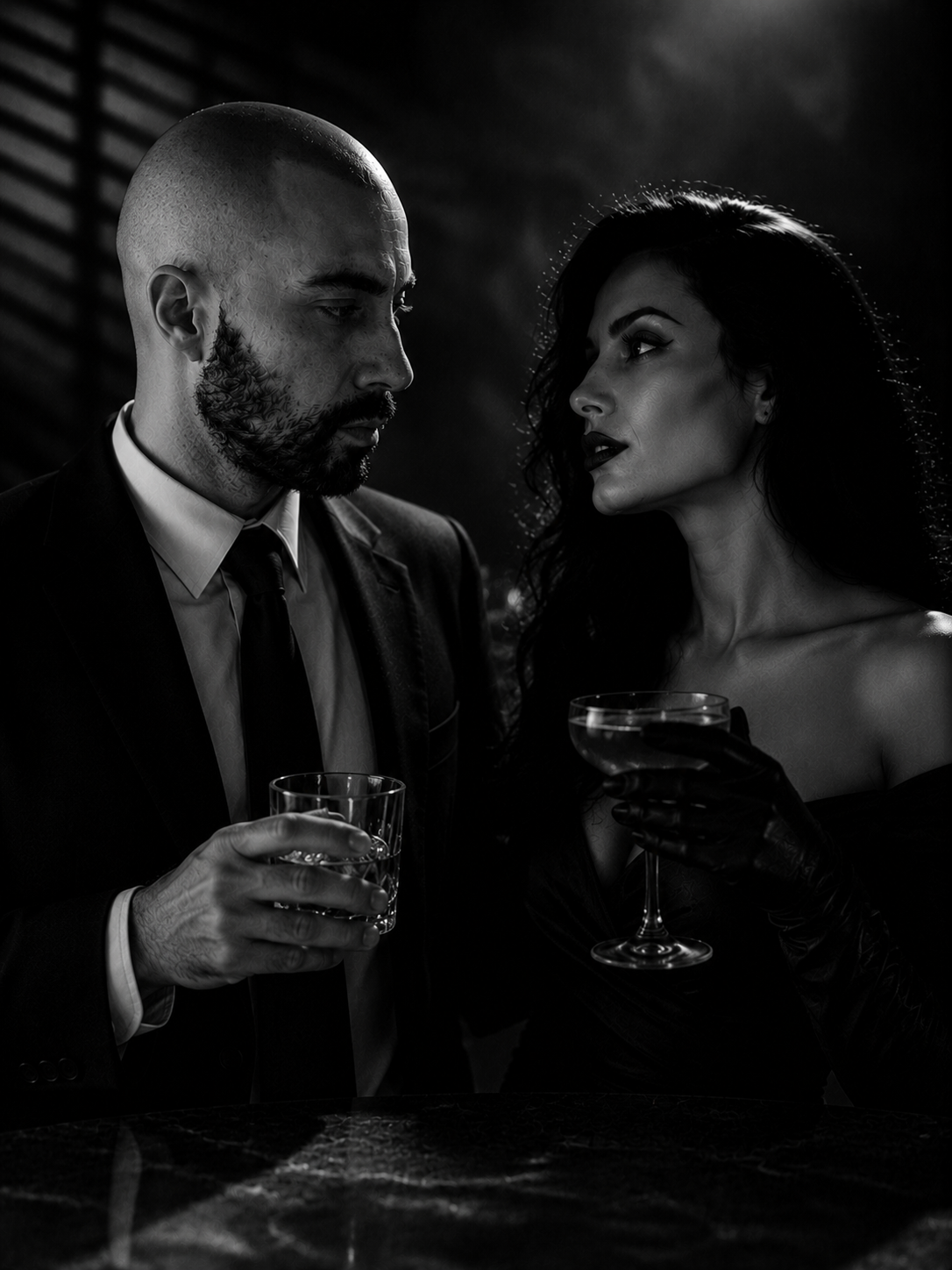 Lex Lunor in a film-noir portrait, raising a glass with a companion